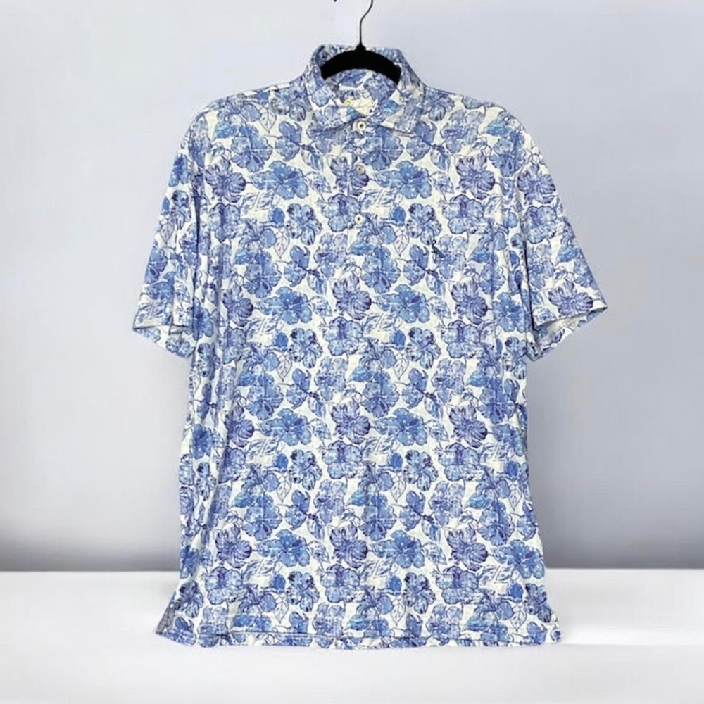 TailorByrd Polo Shirt Sz Medium Blue Floral Tropical SPF 30 Stretch Golf Resort